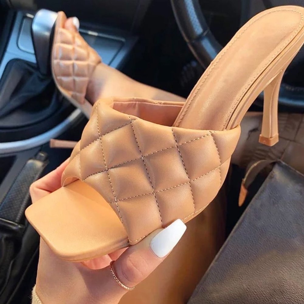 DEleventh Women's Square Open Toe High Heel Sandals Quilted Single Band Slip